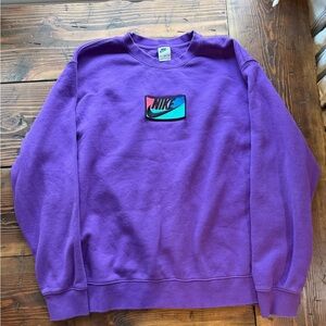Nike Men's Purple Crewneck Sweatshirt with Teal & Coral Logo Patch